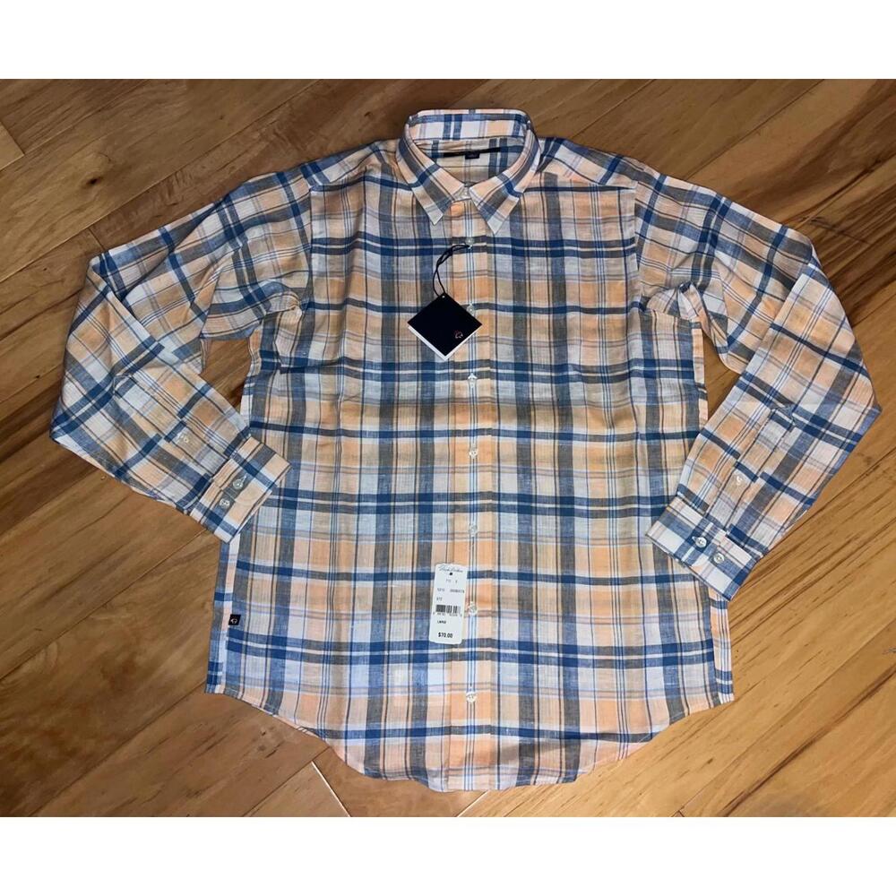 NWT BROOKS BROTHERS BOYS BLUE & ORANGE PLAID LINEN BUTTON DOWN SIZE L LD6